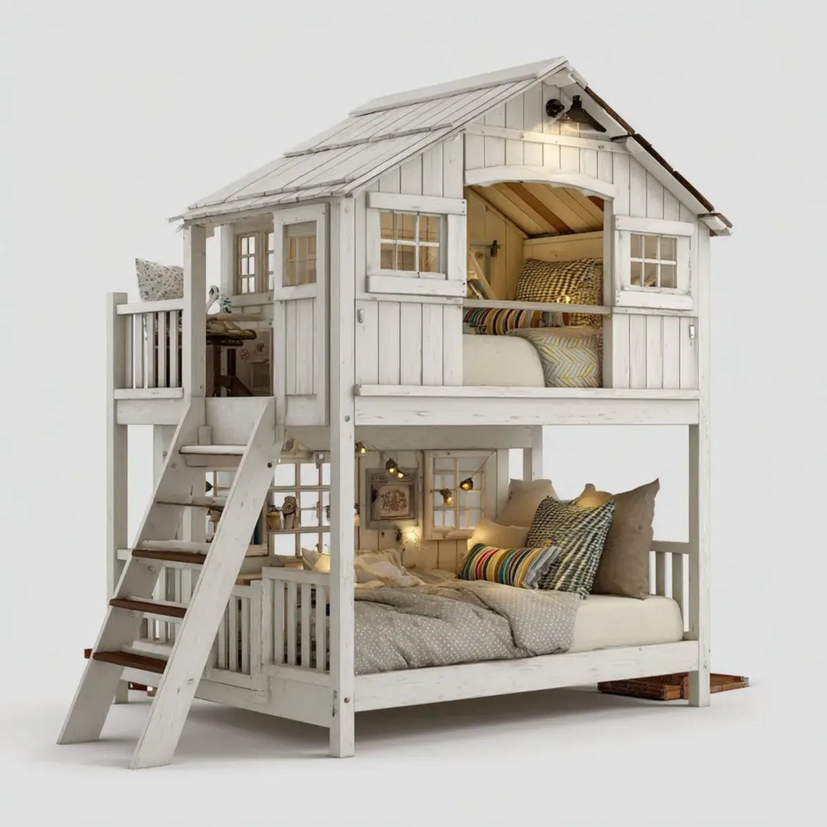 Letto a castello per bambini a forma di casa bianco 90 x 200 cm in pino massello