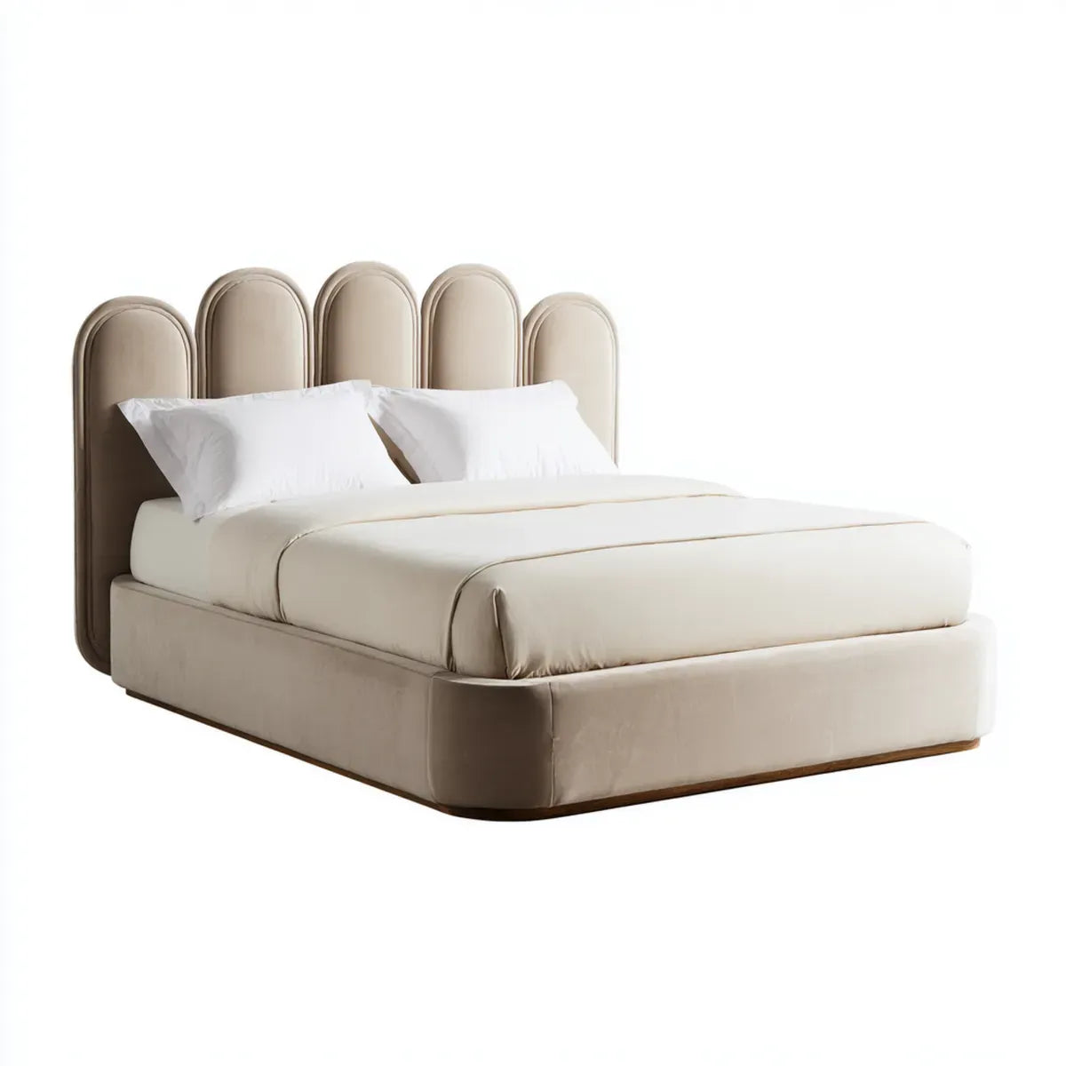 Letto matrimoniale imbottito beige 160 x 200 cm in velluto di poliestere con testiera ad archi