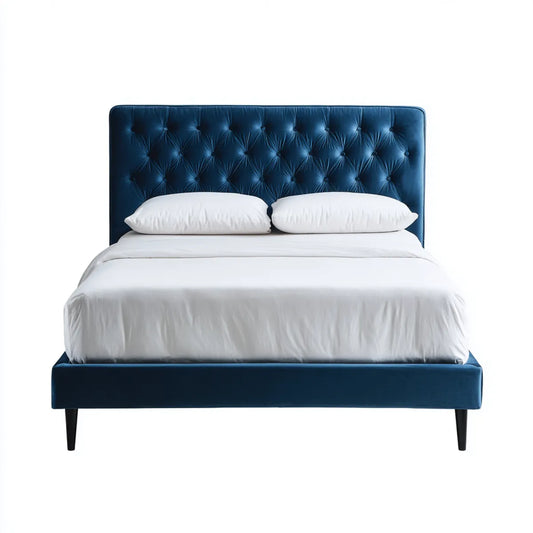 Letto matrimoniale blu 160 x 200 cm in velluto di poliestere con testiera capitonné rettangolare