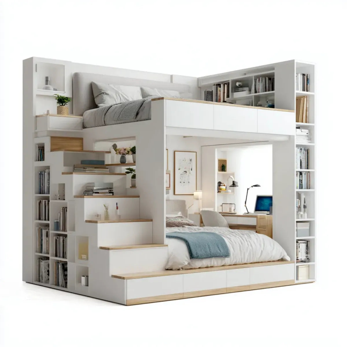 Letto a castello per bambini bianco e rovere con 2 letti 120 x 200 cm librerie scale e contenitori 300 x 210 x 260 cm