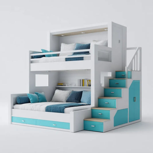 Letto a castello per bambini bianco e turchese 90 x 200 cm in MDF con scala contenitore e armadio
