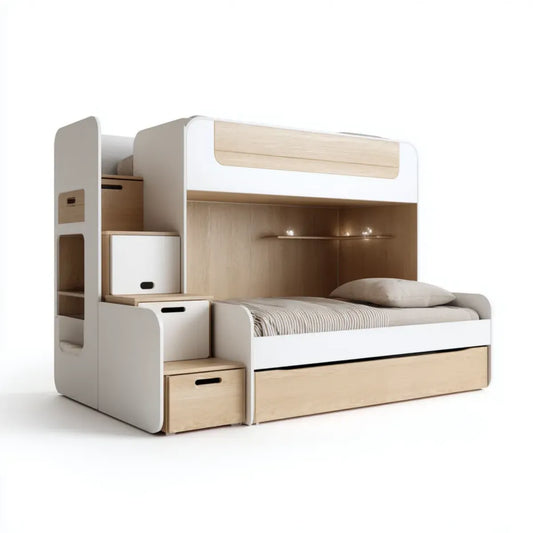 Letto a castello per bambini bianco e rovere chiaro con scala contenitore letto estraibile 250 x 105 x 180 cm in MDF rettangolare