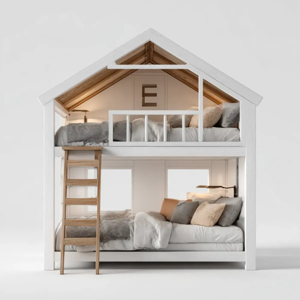 Letto a castello per bambini a casetta bianco e naturale 90 x 200 cm in legno massello di pino