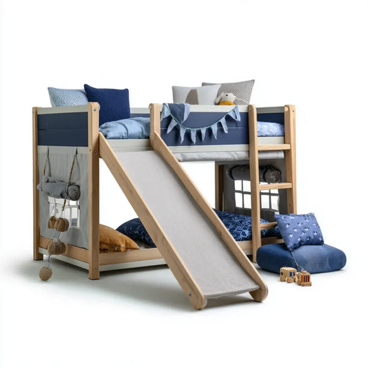 Letto a castello per bambini con scivolo e scala blu grigio in pino massello 208 x 200 x 160 cm rettangolare