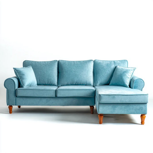 Divano angolare 3 posti azzurro con chaise longue destra 250 x 160 x 90 cm in velluto di poliestere