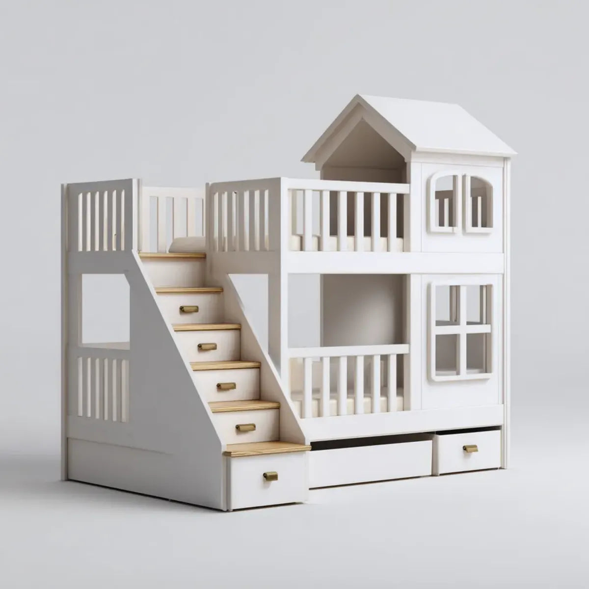 Letto a castello per bambini bianco con scala contenitore e casetta 90 x 200 cm in MDF e pino massello